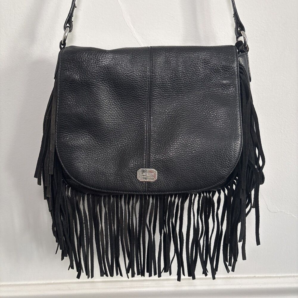 Lauren By Ralph Lauren Cobden Leather Saddle Fringe Messenger Bag Black repaired